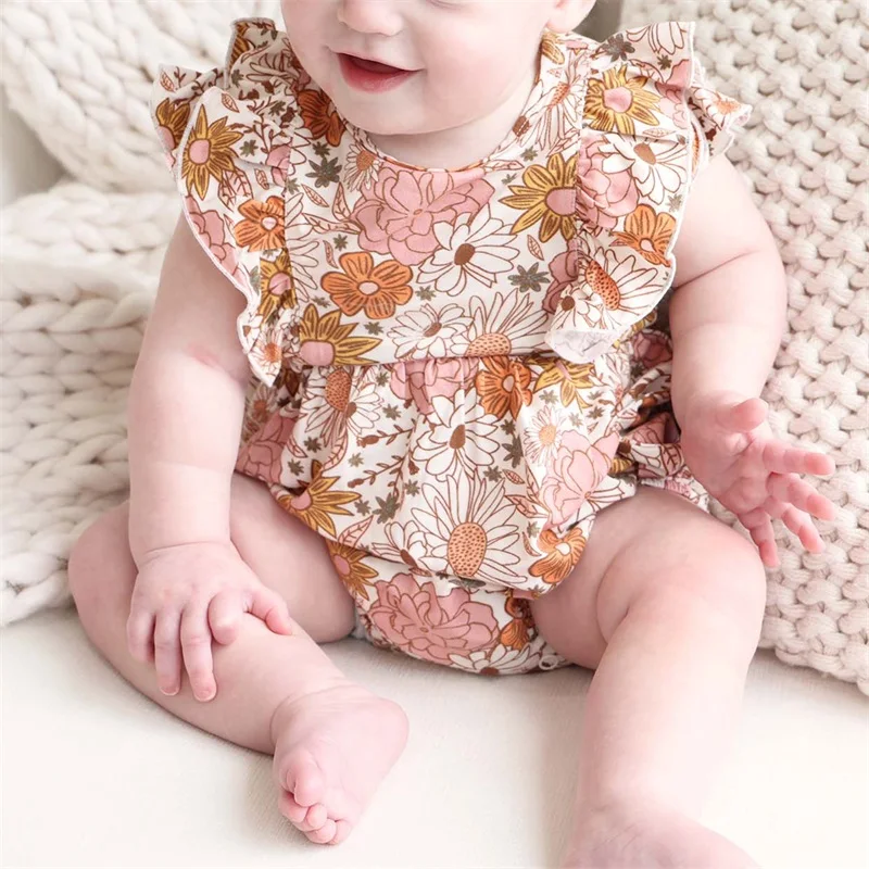 

Baby Girls Bodysuits Set Flower Print Fly Sleeve Crew Neck Romper with Bowknot Hairband Lovely Baby Girls Sunsuits 2023