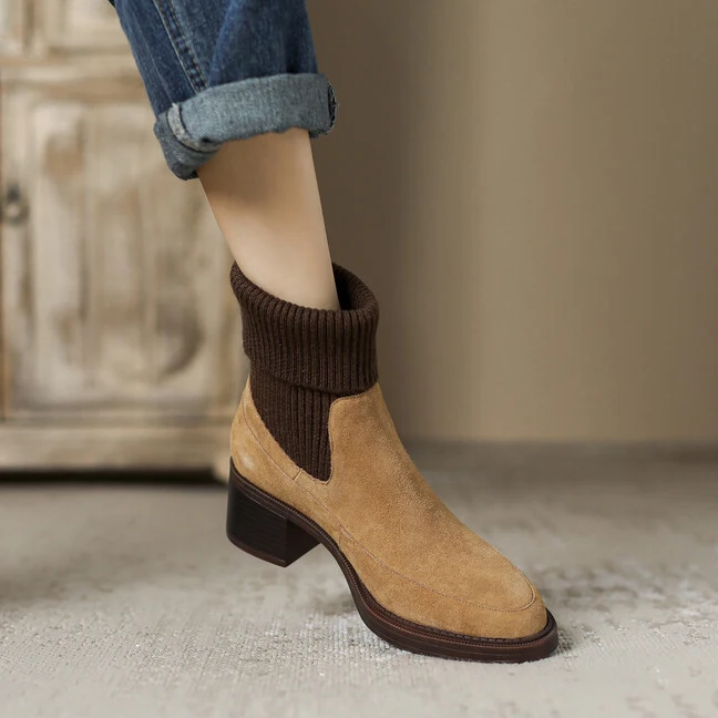 

EAGSITY 100% Cow suede leather ankle short chelsea boots round toe slip on square heel motorcycle modern western boots