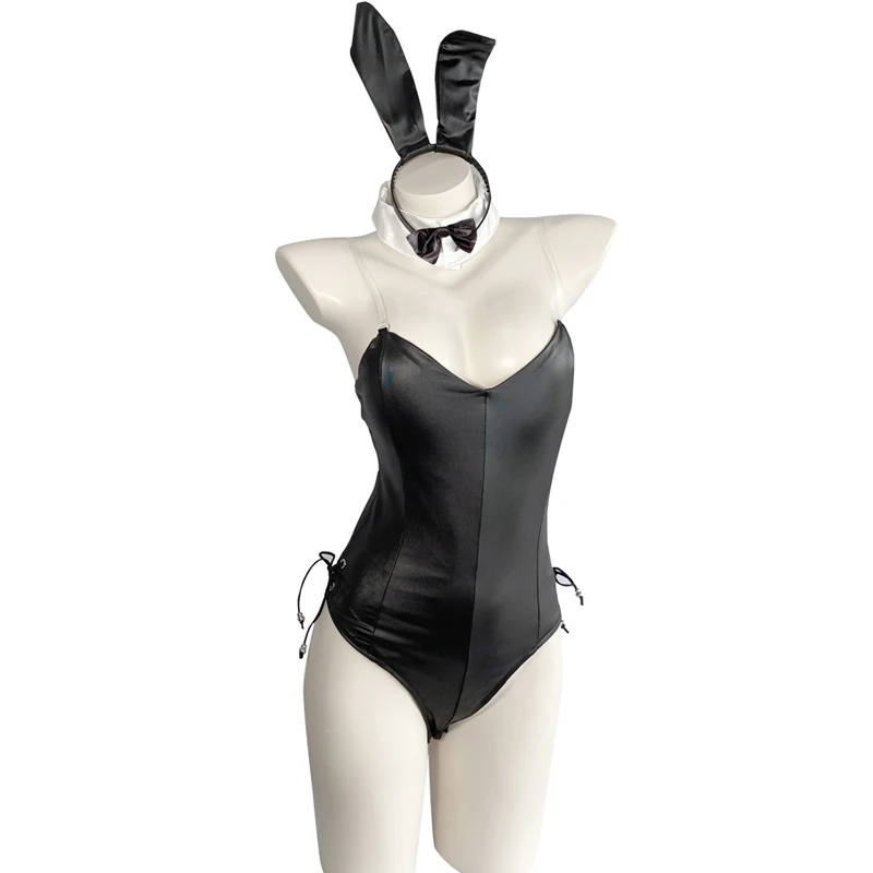 Cute Anime Bunny Girl Faux Leather Material Cosplay Costume Halloween Women One Piece Bodysuit Set Rabbit Suit Role play Kawaii
