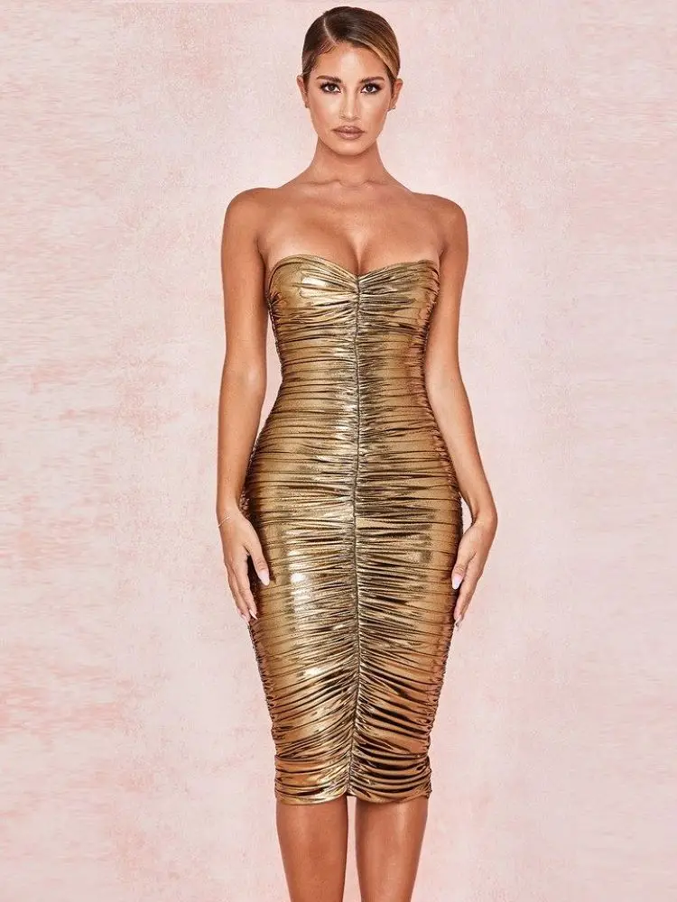 BEAUKEY Gold Shiny  Sexy HL Bandage Strapless Evening Dress Women Celebrity  Club Drape Winter Autumn Slash Neck Vestidos