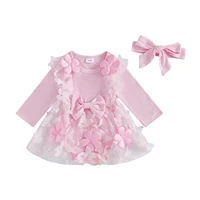 Baby Girl Fall Outfits Decorative Flower Butterfly Long Sleeve A Line Mesh Dress and Headband 2 Pcs Set