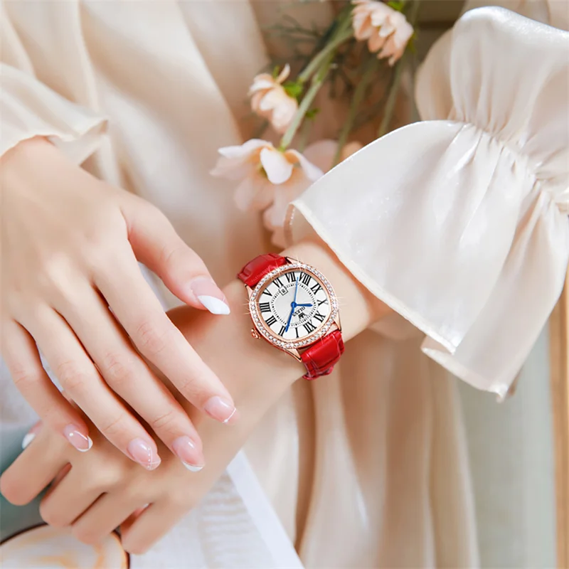 OLEVS Rose Gold Diamond Women Watches Ultra-thin Luxury Fashion Ladies Quartz Watch Roman Dial Red Leather Reloj Mujer New
