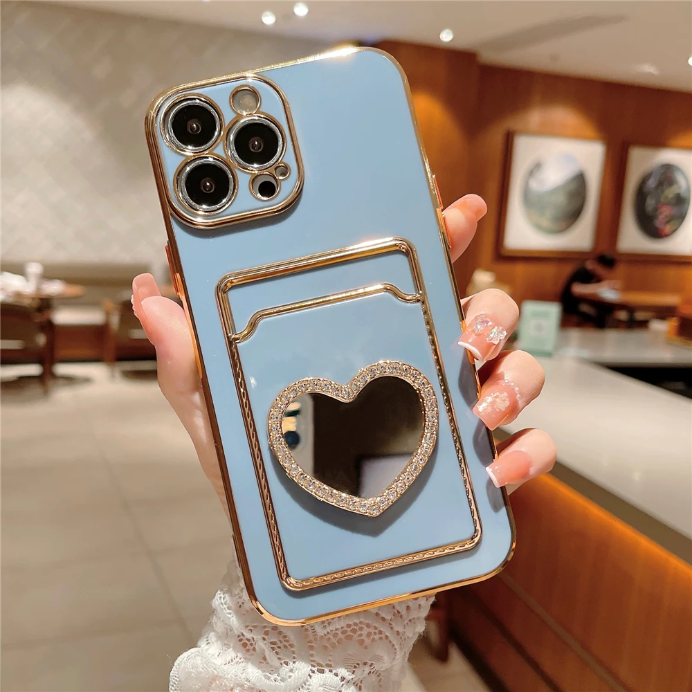 Phone Case iPhone Case Glitter Rhinestone Love Heart Mirror Plating Wallet Card Case For iPhone 16 15 14 13 11 12 Pro Max XS X 7 8 Plus Soft Slot Cover