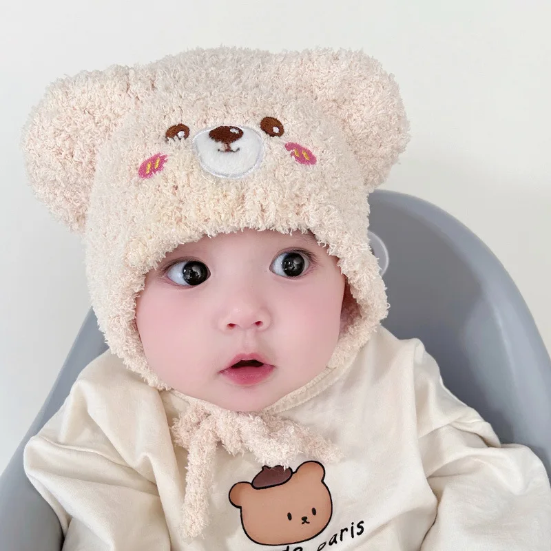 

Плюшевая шапка с мультяшным медведем для ребенка, Зимняя Толстая флисовая шапка, милая однотонная теплая детская флисовая шапка