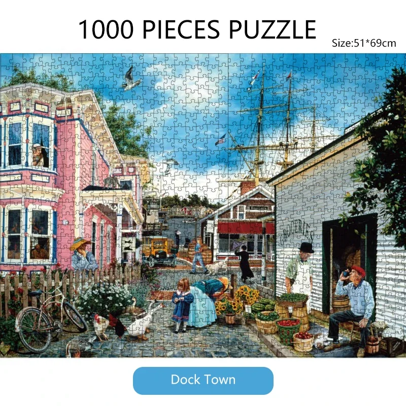 69*51cm Paper Jigsaw Puzzle 1000PCS Dock Town Landscape Painting Educational Entertainment  Adult Children Toys Christmas Gift 2