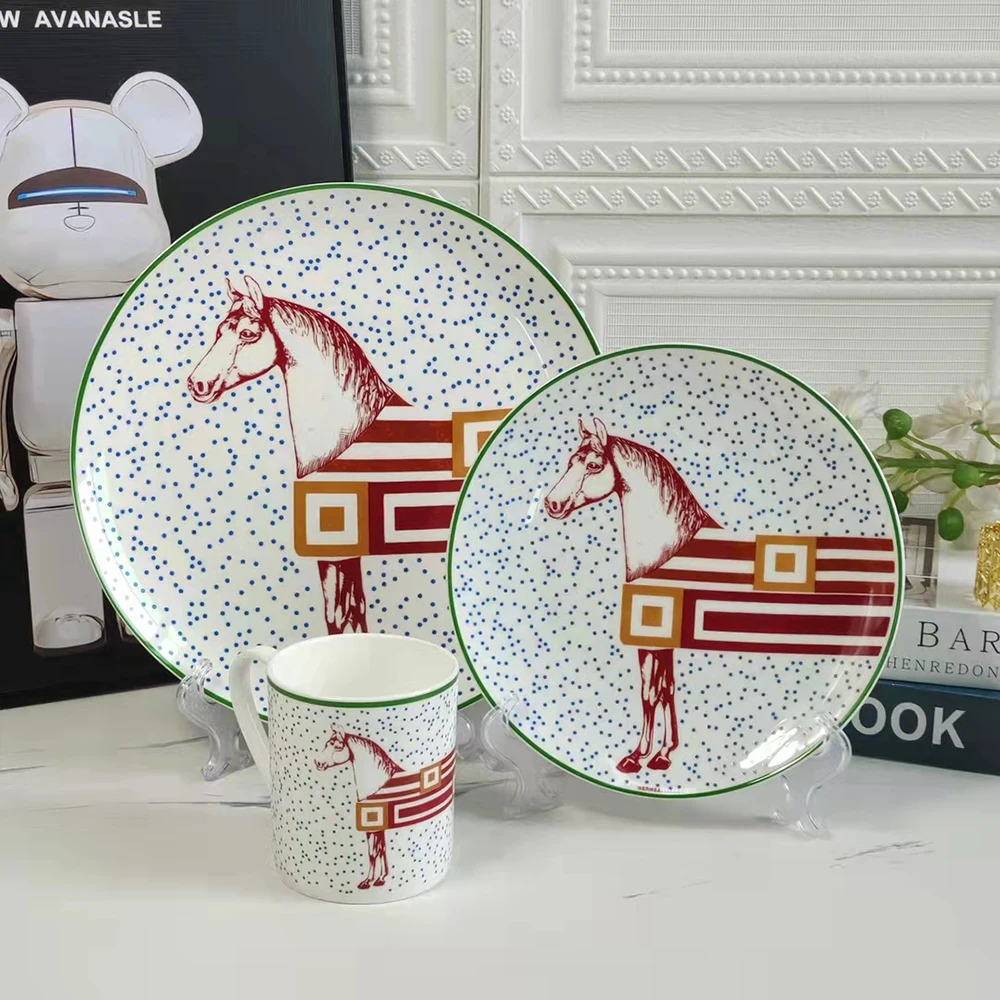 

Luxury Horse Bone China Dishes And Plates Porcelain Cake Dish Pastry Fruit Tray Ceramic Tableware Steak Dinner Plates
