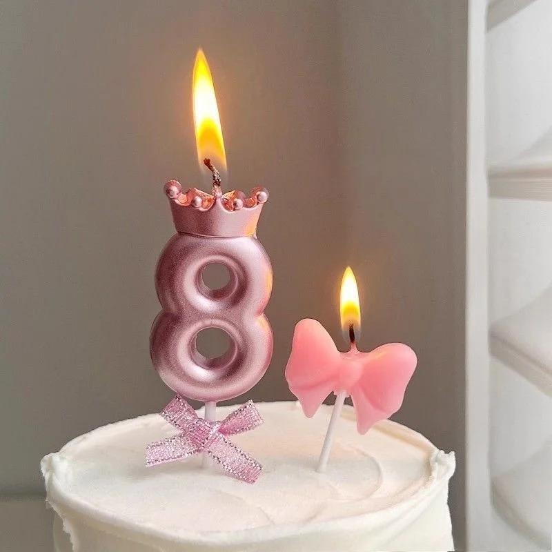Pink Digital Candle with Crown Bowknot 0-9 Number Birthday Candles Dessert Party Anniversary Cake Decoration for Women and Girls