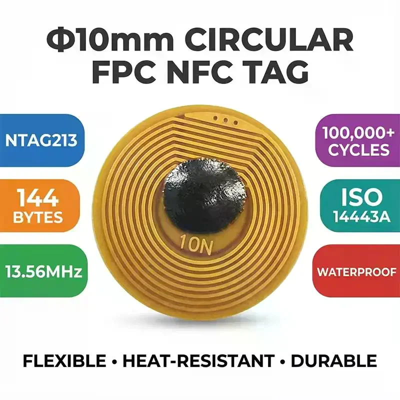 10pcs 10mm 직경 고온 RFID NFC FPC 태그 NXP NFC213 미니 카드 13.56MHz 가짜 방지 금속 방지 패시브 RF 카드