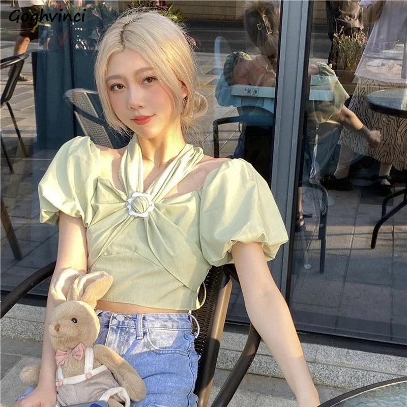

Blouses Women Korean Halter Lovely Design College Slim All-match Sweet Summer Femme Crop Top Simple Basic Folds Sexy Leisure Ins