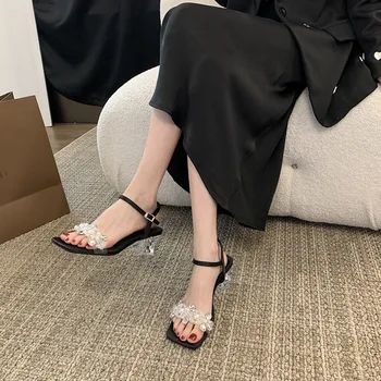 Crystal Flower Block Heel Sandals Square Toe With Adjustable Ankle Strap Metallic Silver Casual Shoes For Summer Parties Fashion