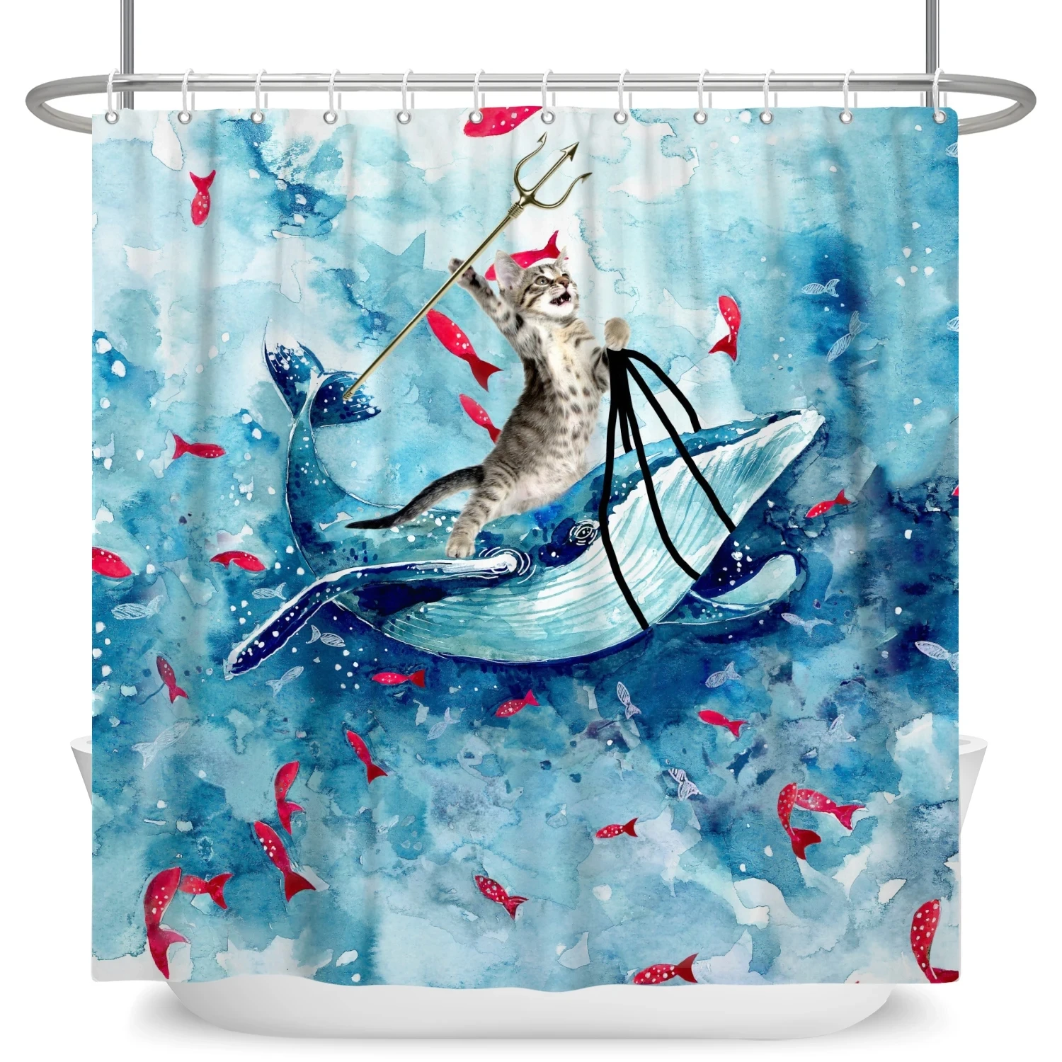 Hero Great White Shark With Gun Cat Funny Shower Curtain For Bathtub Cover Bathroom Cover Bathing 12pcs Hooks shower curtains