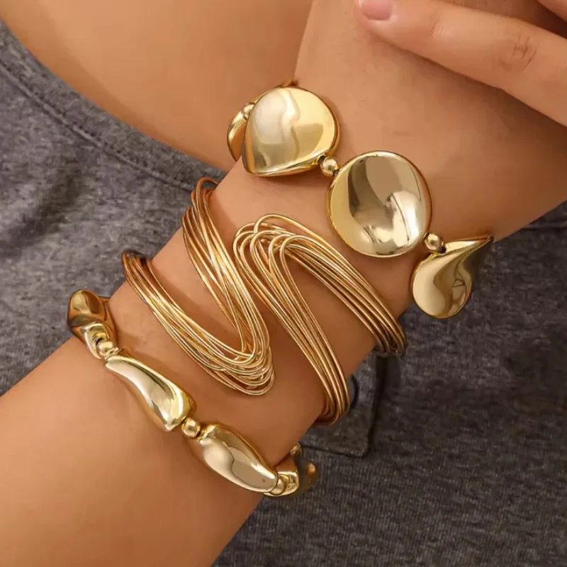 3 Pcs/set Geometric Twisted Lines Irregular Shaped Open Cuff Bracelet and Bangle Set for Women Punk Exaggerated Style Accessor