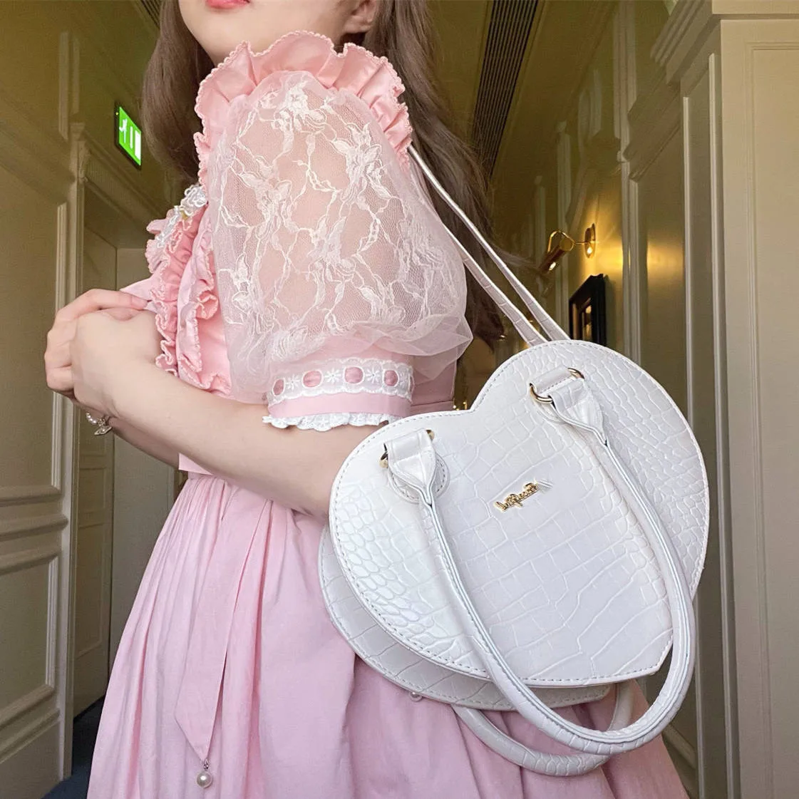 JIAERDI Crocodile Pattern White Handbag Women Fairycore Aesthetic Heart Shoulder Bags Hot Grils Sweet Cute Crossbody Bags Y2k