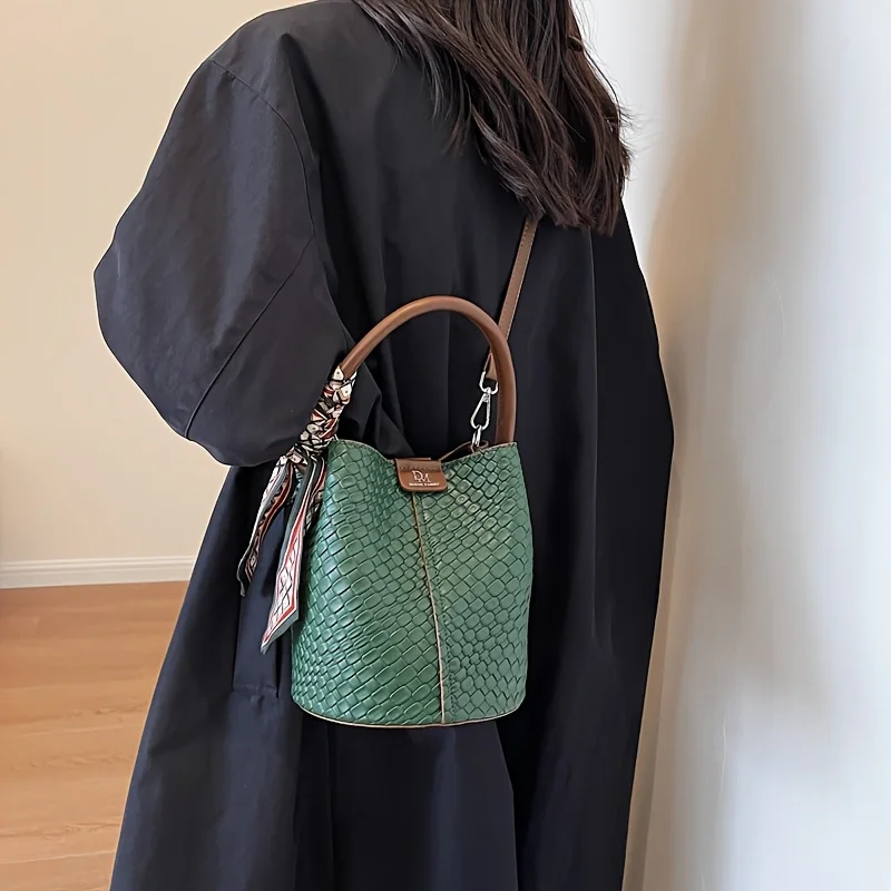 Fashionable Women's Bucket Bag, Stylish Solid Color Woven Effect Handbag Shoulder Bag and Crossbody Bag, Can Be Carried By Hand