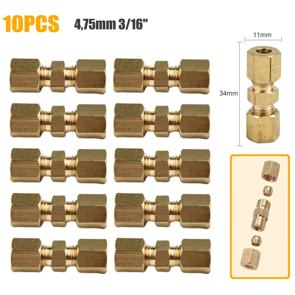 

10Pcs Brake Lines Pipe Brass Connector For Brake Line Without Flaring 4.75mm 3/16" Fittings Straight Reducer Compression Kits