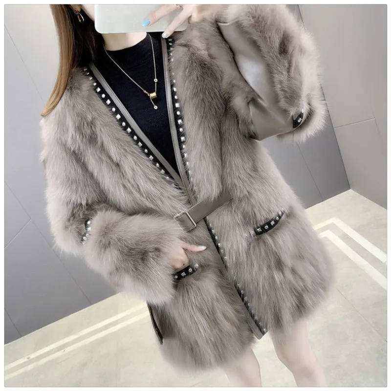 2023 Winter New Women Faux Fur Coat Thicken Warm Slim Fit Outwear Fashion Patchwork V-neck Jacket Mid Length Version Outcoat