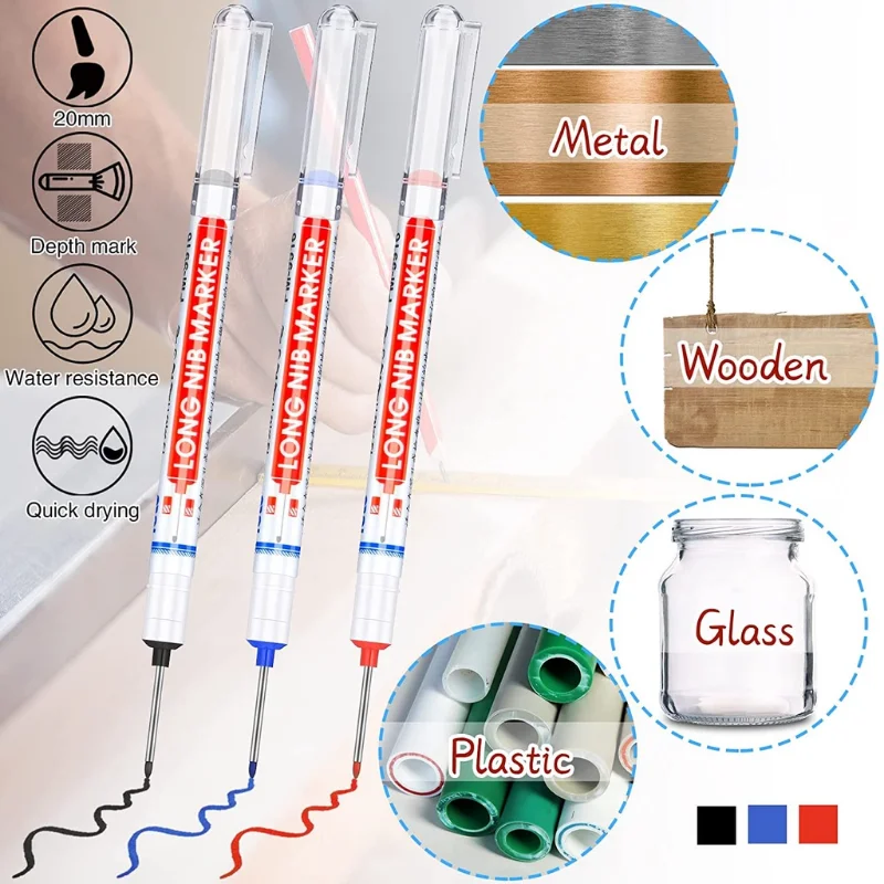 10 Stks/set Multifunctionele 20Mm Diepe Gat Lange Penpunt Marker Voor Metalen Perforerende Pen Waterdichte Badkamer Houtbewerking Decor Tool