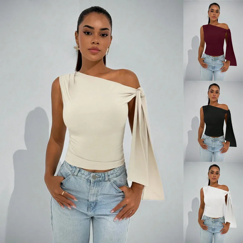 Women's 2026 New Asymmetrical Neck Tie Top – Sleeveless Slim Fit Blouse with Draped Tie, Solid Color Streetwear Top 1