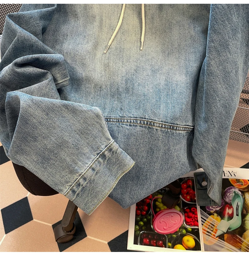Unisex-Vintage-Jeanspullover mit Kapuze und Raglanärmeln und großen Taschen - True Deals Club