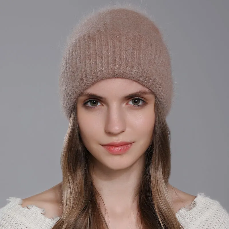 CNTANG 2023 Trend Women Hat Winter Warm Angora Long Rabbit Fur Beanies Knitted Cashmere Hats For Female Fashion Ladies Cap