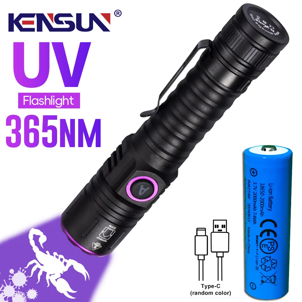 Lanterna UV 365/395nm Zoom Type-C USB recarregável luz preta para identificação, detecção de urina de animais de estimação, Escorpion com bateria