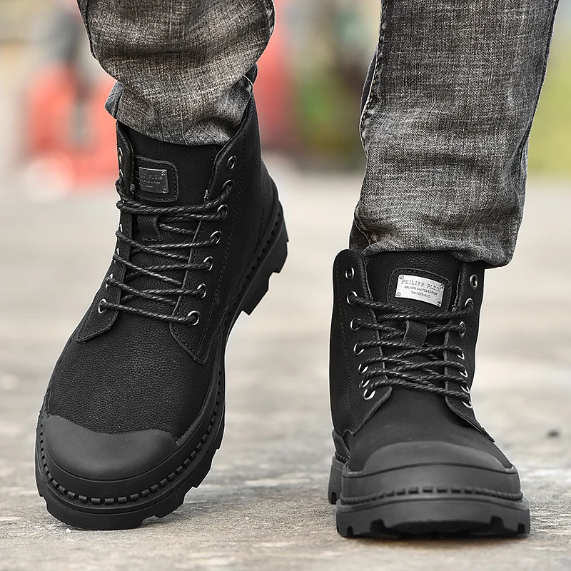 Men Leather Boots Black Warm Winter Genuine Leather Ankle Boots Men Winter Work Outdoor Fur Snow