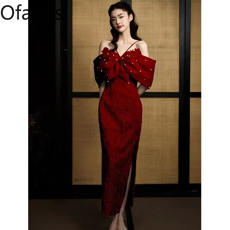 

Ofallsis Wine Red Beaded Lace Luxury Wedding Dress 2023 Summer Elegant Gentle Luxury High End Bride Toast Dresses Red Banquet