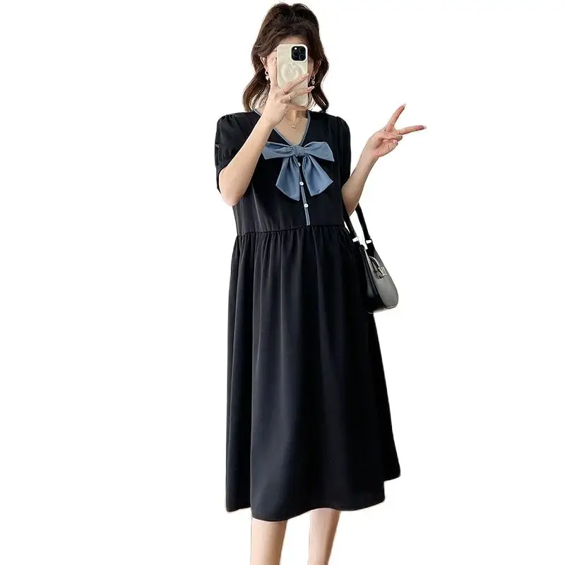 

2024 Summer V-Neck Maternity Clothes Black Elegant Pregnancy Dress with Bowknot Plus Size Pregnant Woman Party Dress Wholesale