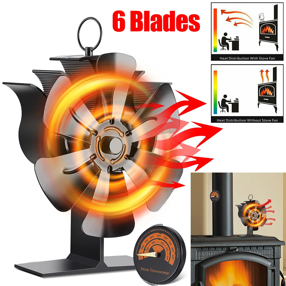 

6 Blades Wood Burning Stove Fireplace Fan Non-Electric Heat Powered Stove Fan with Thermometer 158°F Auto Start Silent Fireplace
