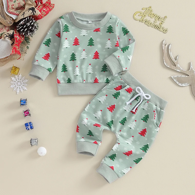 

EWODOS Toddler Baby Outfits Newborn Christmas Set Tree Print Long Sleeve Round Neck Sweatshirt and Pants Set Toddler 2PCS Suits