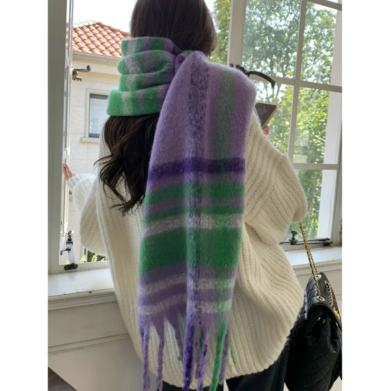 

Vintage Contrast Plaid Women Warm Tassel Scarf 2022 Autumn Winter Fashion Width Long Scarf Soft Shawls