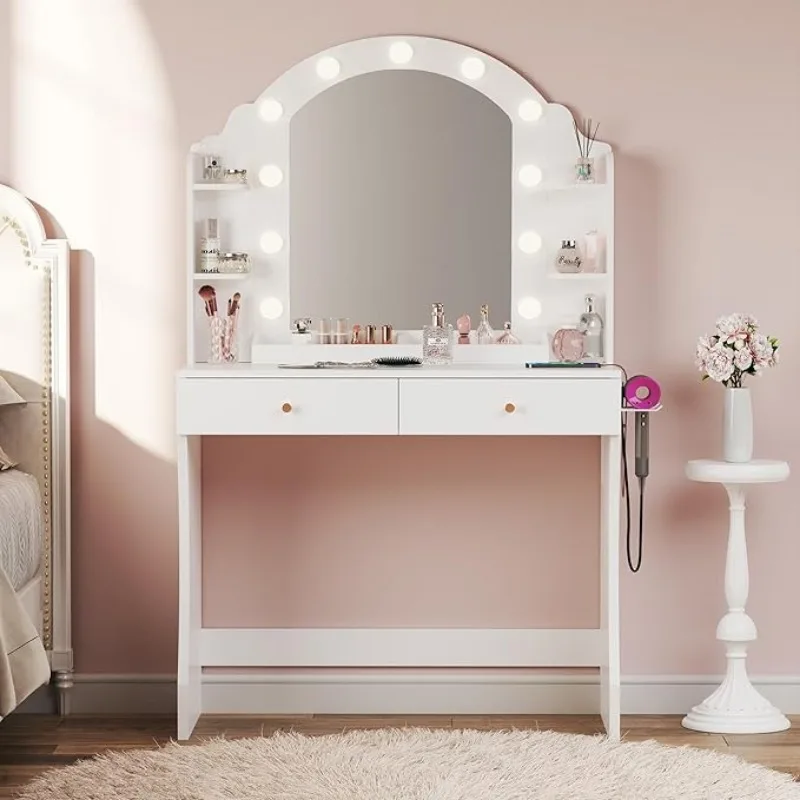 Makeup Vanity Desk with Mirror and Lights, Small Vanity with Fabric Storage Drawer & Chair & Shelves, Bedroom 5