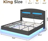 Floating Bed Frame King Size with USB-C/A Charging Station, LED Bed Frame with Storage Headboard, Upholstered Platform King Bed 2