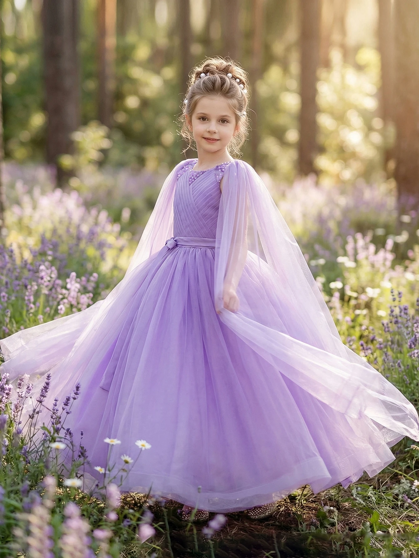 Elegant Purple Tween Girl's Formal Gown with Flowing Veil and Bow Decoration