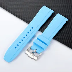 Premium Curved End Silicone Watch Strap with Gold Stainless Steel Buckle - Black Buckle (Light Blue)