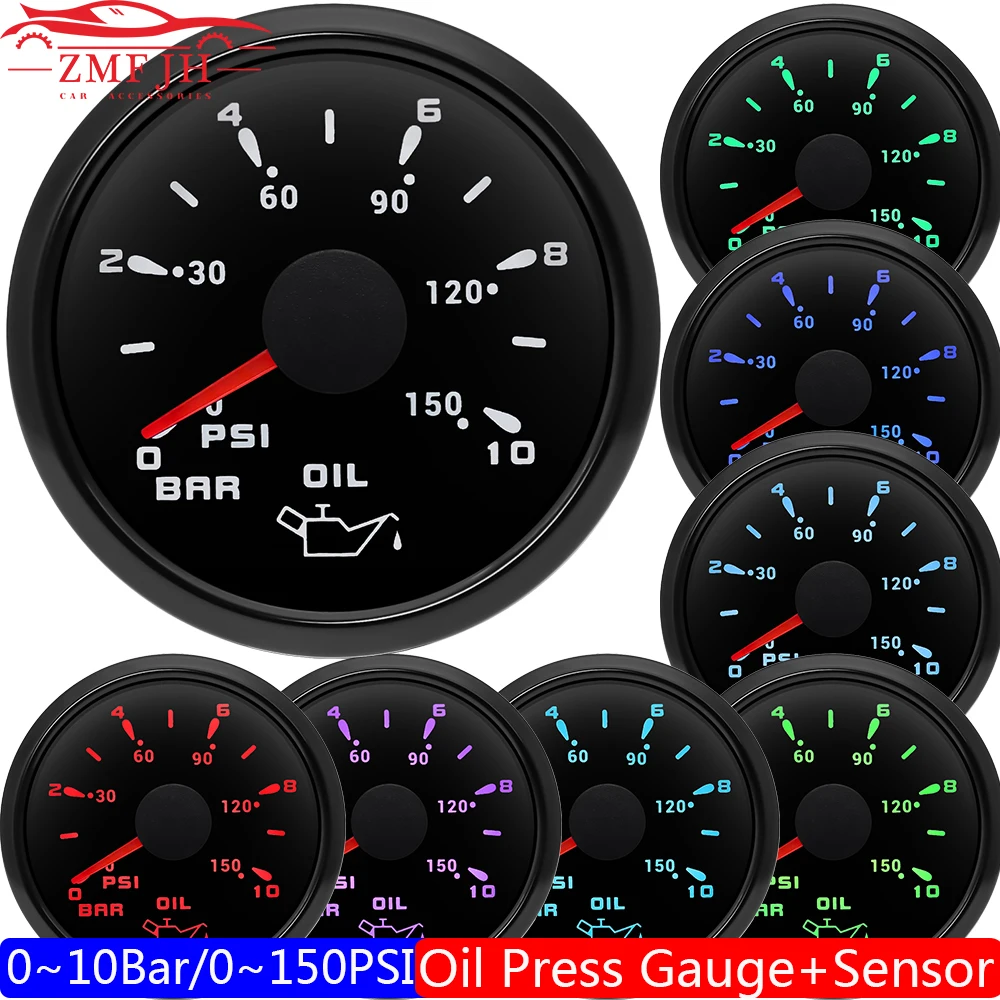 

Oil Press Meter Indicator 0-10 Bar 0-150 PSI Auto Car Gauge for Boat 2" 52MM Oil Pressure Gauge + Sensor 1/8NPT 7 Color Light