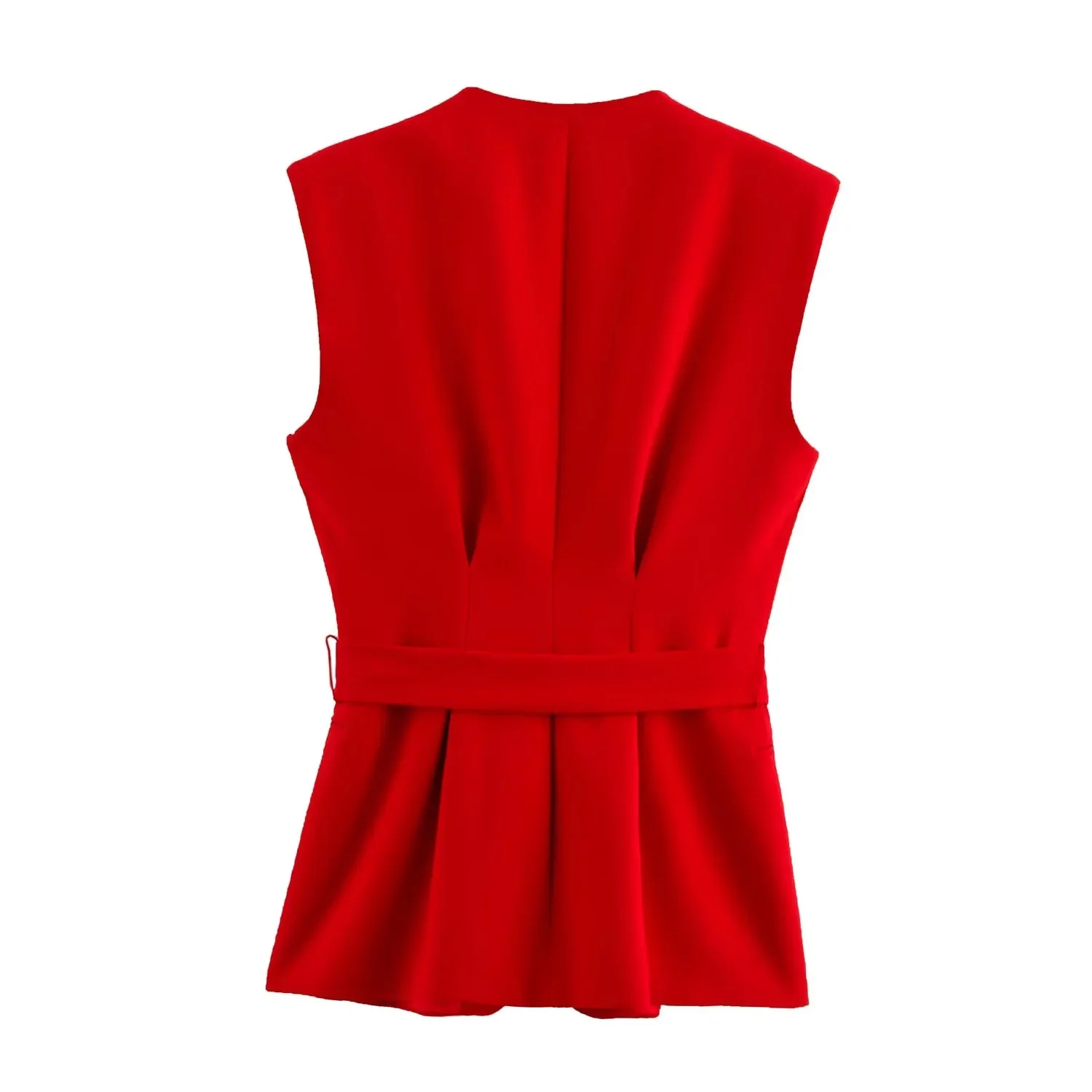 Lady Chic Red Vest Blazer Suit V Neck Sashes Sleeveless Blazer High Waist Wide Leg Pants Fashion Summer Sets