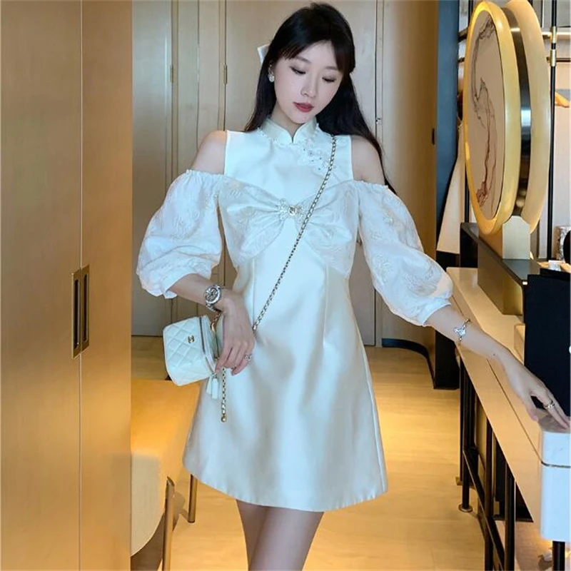 

Vintage Bow Beaded Off-shoulder Dress Women 2023 New Fashion High-Quality Casual Slim Solid Mini Cheongsam Dresses Evening Dress
