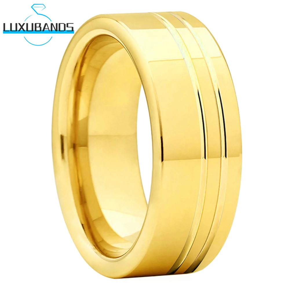 

Men’s Jewellery Tungsten Wedding Ring for Women Gold Ring Offset Two Grooved Polished Finish Pipe Cut Luxury Brands Engagement