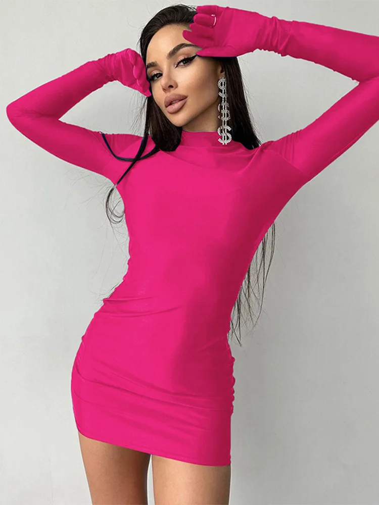 Solid Long Sleeve With Gloves Mini Dress Bodycon Sexy Streetwear Party Half  Turtleneck Outfits Y2K Clothes Wholesale - AliExpress 200000345