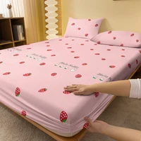 1 Cartoon Cute Plant Strawberry Rabbit printed matte Fitted Sheet, bedroom printed bed cover, bedding (excluding pillowcases) 2