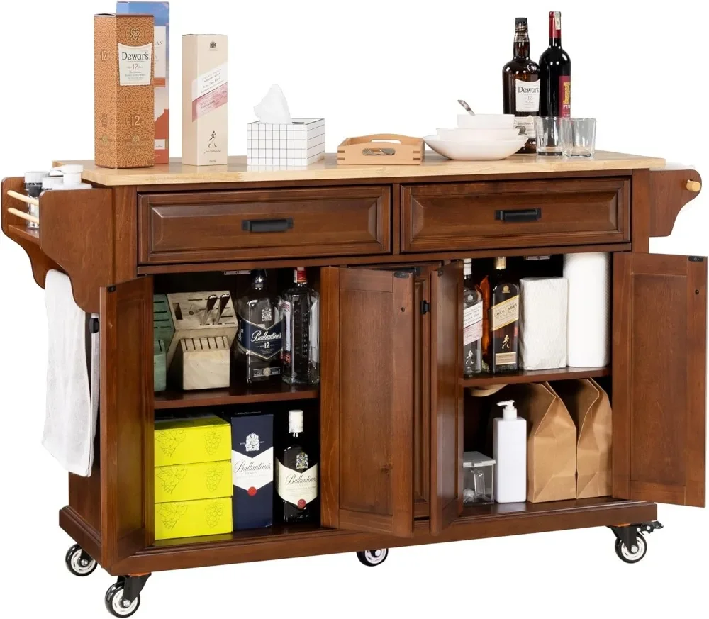 Rolling Kitchen Island Table on Wheels with Wood Top, Kitchen Island Cart with 4-Doors Storage Cabinet, 3-Drawers, Side Rack
