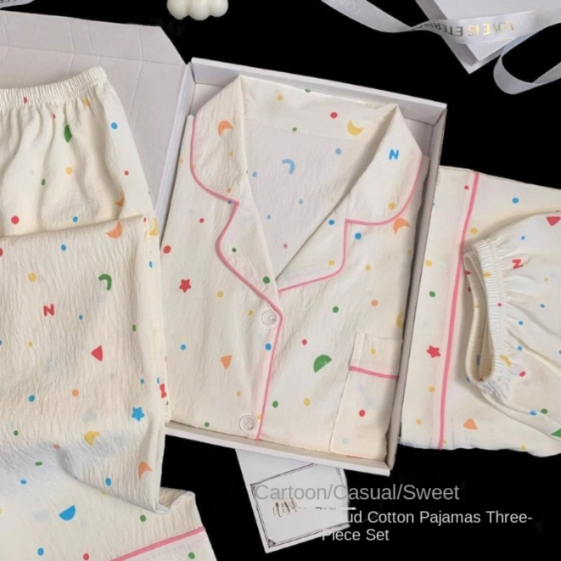 Women's Pajamas Lounge Set Star Moon Dot Print Sleepwear Button Lapel Neck Short Sleeve Elastic Waist 3 PC Women's Pajamas Set