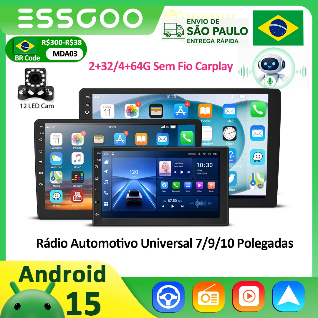 ESSGOO Car Radio Android 15 Carplay Auto Multimedia Video 7/9/10'' Universal Stereo For Volkswagen Nissan Hyundai Kia Toyota