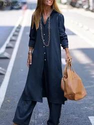 ZANZEA Casual Loose Femme Outfits Women Holiday 2023 Autumn Long Sleeve Shirts Sets Fashion Long Tops and Pants 2 PCS Pant Sets