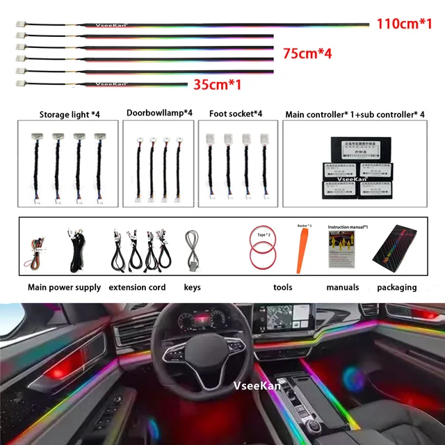 6/10/14/18 in 1 Led Car Ambient Lights RGB 213 64 Color Acrylic Strips Symphony Streamer Interior Rainbow Atmosphere Lamp Kit