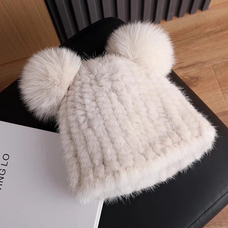 

New Parent-Child Knitted Hat Winter Thickened Real Mink Casual Warmth Outdoor Children's Ski Hat Fashion Bady Elastic Hat