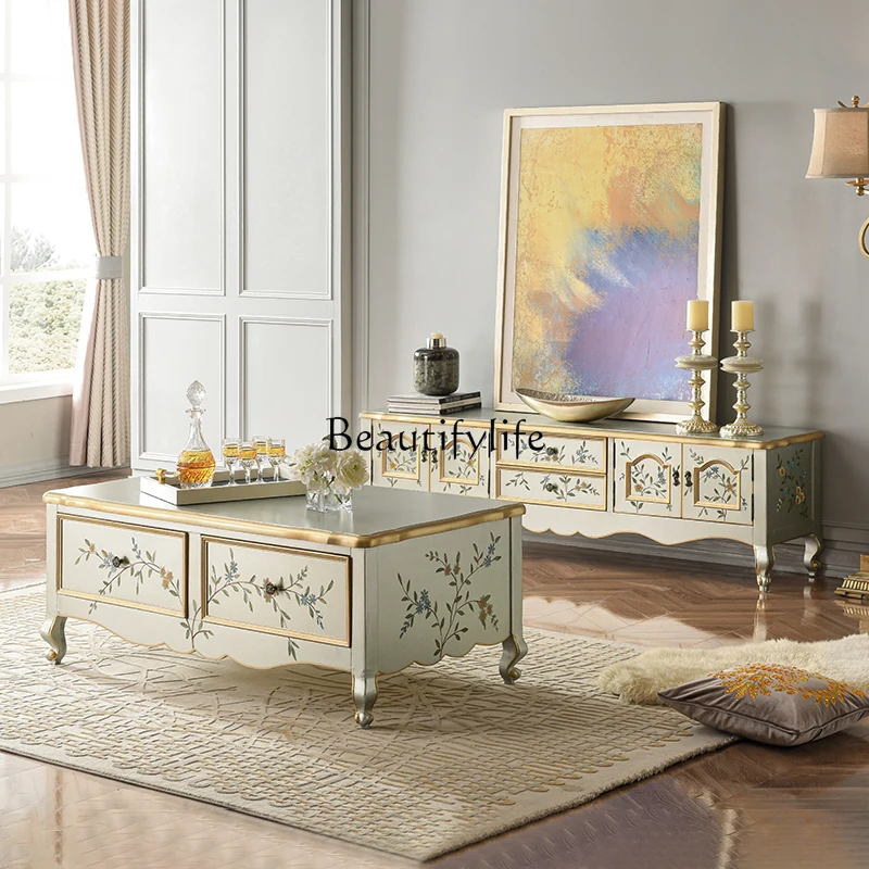 

European-Style TV Cabinet and Tea Table Combination American Living Room Solid Wood Floor Cabinet Luxury French Carved Painted