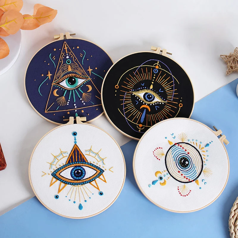 Evil Eyes Embroidery Kit for Adults with EN Instruction,Stamped Cloth, Thread,Needle for DIY Homework Teenager Gift