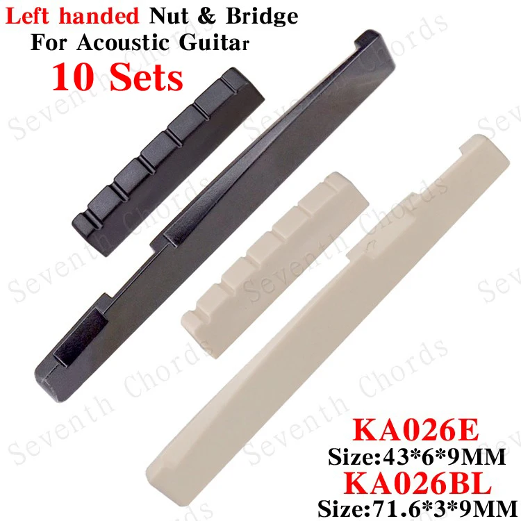 

10 Sets 6 String Slotted Nut and Saddle Bridge for Left handed Acoustic Guitar Replacement .Size 43 x 6 x 9mm and 71.6 x 3 x 9mm